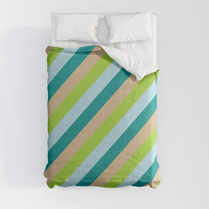 Tan, Green, Light Blue, and Dark Cyan Colored Stripes Pattern Comforter