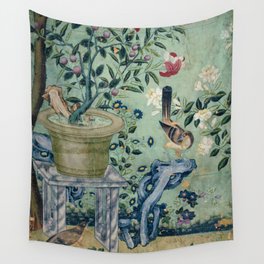 18th Century Antique Mint Chinoiserie Bird Garden Fresco 1740 Wall Tapestry