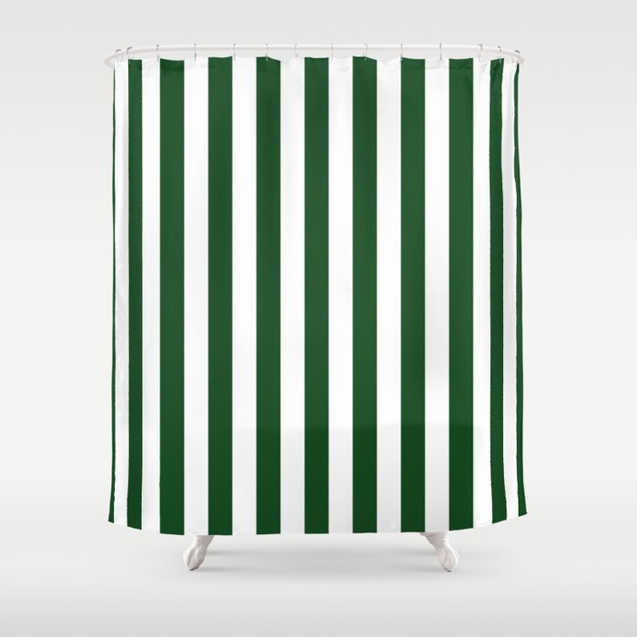 Large Forest Green and White Rustic Vertical Beach Stripes Shower Curtain
