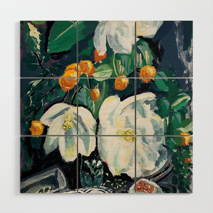 Magnolia and Persimmon Floral Still Life Wood Wall Art