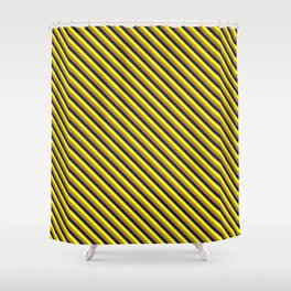 [ Thumbnail: Dark Goldenrod, Midnight Blue & Yellow Colored Striped Pattern Shower Curtain ]