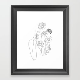 Minimal Line Art Woman with Flowers III Framed Art Print