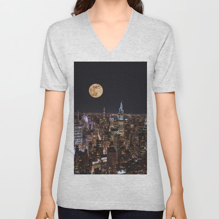 New York City Full Moon | NYC Skyline at Night | Photography and Collage V Neck T Shirt