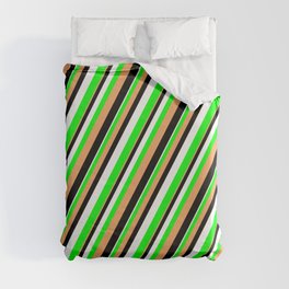 [ Thumbnail: Brown, Black, White & Lime Colored Lined/Striped Pattern Duvet Cover ]