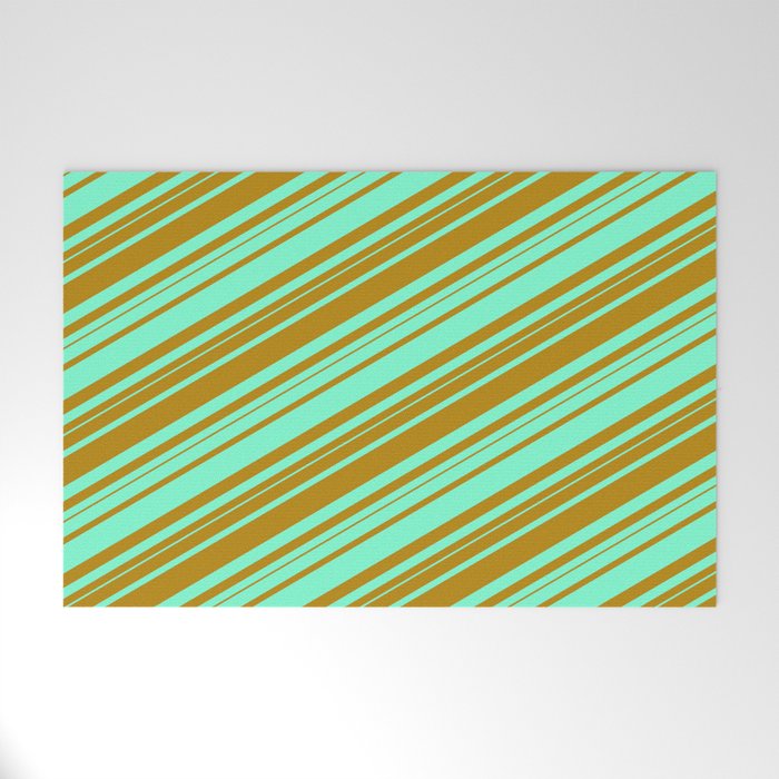 Aquamarine and Dark Goldenrod Colored Lined/Striped Pattern Welcome Mat