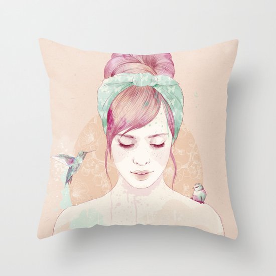 Pink hair lady Throw Pillow