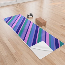 [ Thumbnail: Purple, Royal Blue, Teal, Violet & Blue Colored Stripes/Lines Pattern Yoga Towel ]