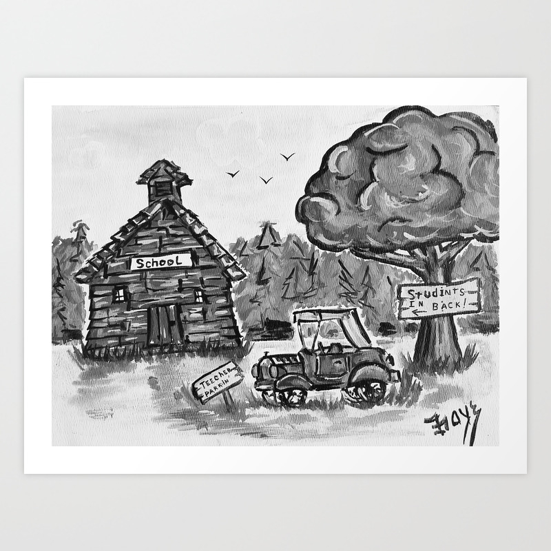 School House Black And White Print Of Primitive Art Painting By