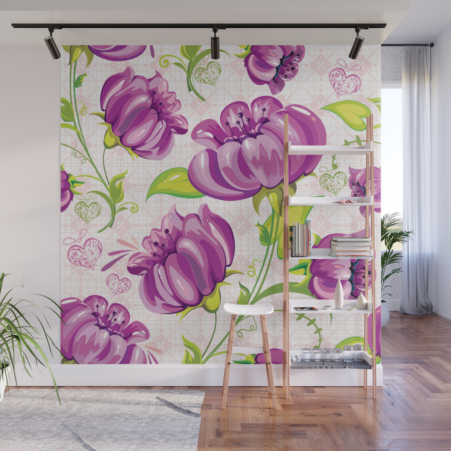 Purple Floral Wallpaper Abstract Design Wall Mural By