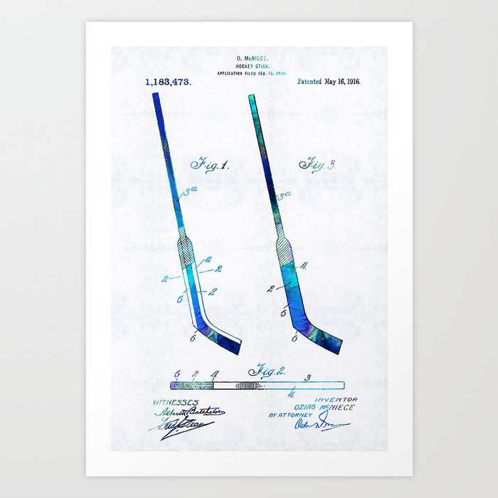 Blue Hockey Stick Art Patent - Sharon Cummings Art Print