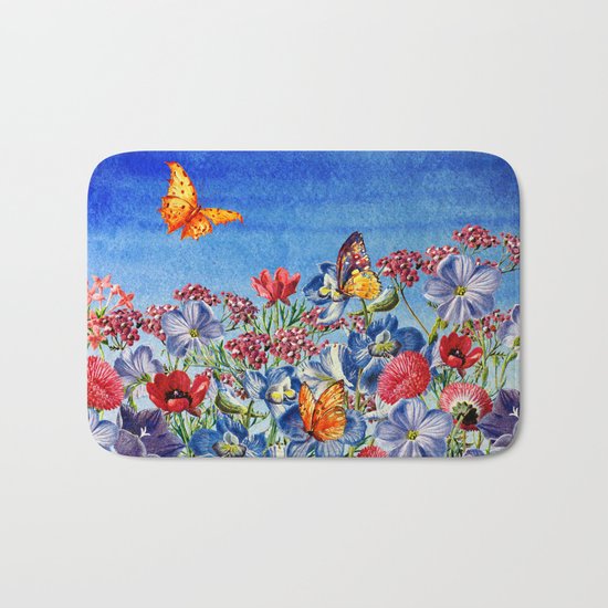 Summer Flower Meadow - Watercolor illustration Bath Mat