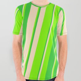 [ Thumbnail: Bisque, Chartreuse, and Lime Green Colored Striped Pattern All Over Graphic Tee ]
