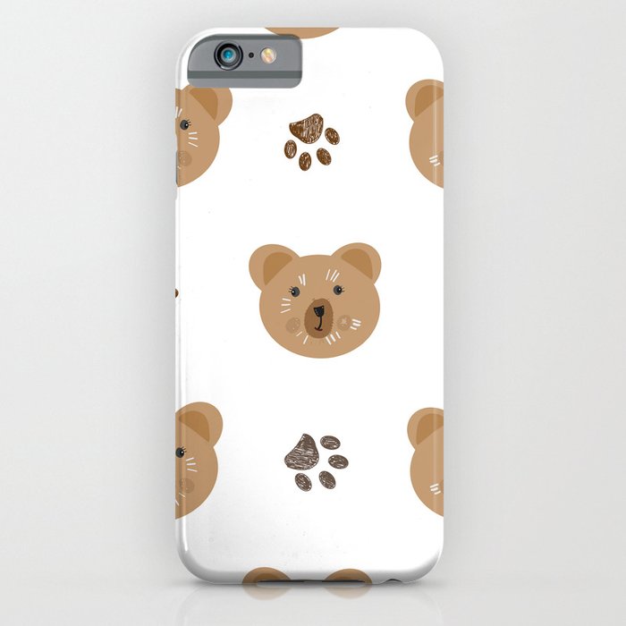 Brown doodle paw print and teddy bear white iPhone Case