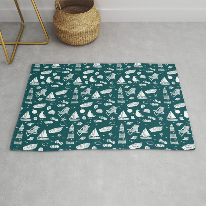 Teal Blue And White Summer Beach Elements Pattern Rug