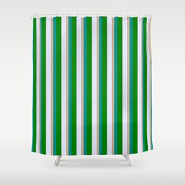 [ Thumbnail: Vibrant Tan, Dark Cyan, Green, Lavender & Black Colored Striped/Lined Pattern Shower Curtain ]