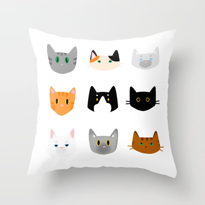 Cute Cat Pattern with cat breads calico, siamese, tabby, tuxedo Throw Pillow