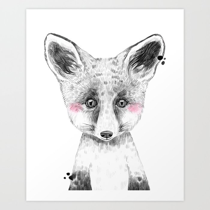 Fox - Black and White Watercolor with blush cheeks Art Print