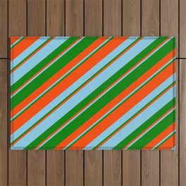 [ Thumbnail: Red, Sky Blue, and Green Colored Stripes/Lines Pattern Outdoor Rug ]