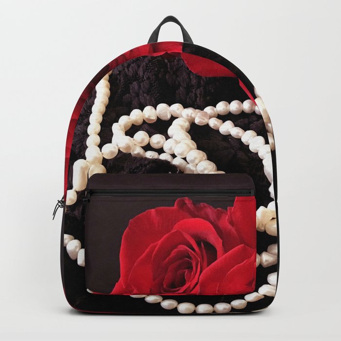 Red Roses Strands of Pearls and Black Lace Backpack by DEC02