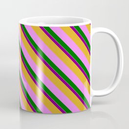 [ Thumbnail: Vibrant Purple, Goldenrod, Violet, Dark Green & White Colored Lined Pattern Coffee Mug ]
