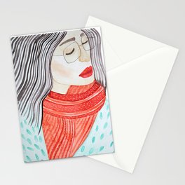 Beautiful lady with closed eyes in a red scarf wearing eyeglasses. Watercolor illustration. Stationery Cards