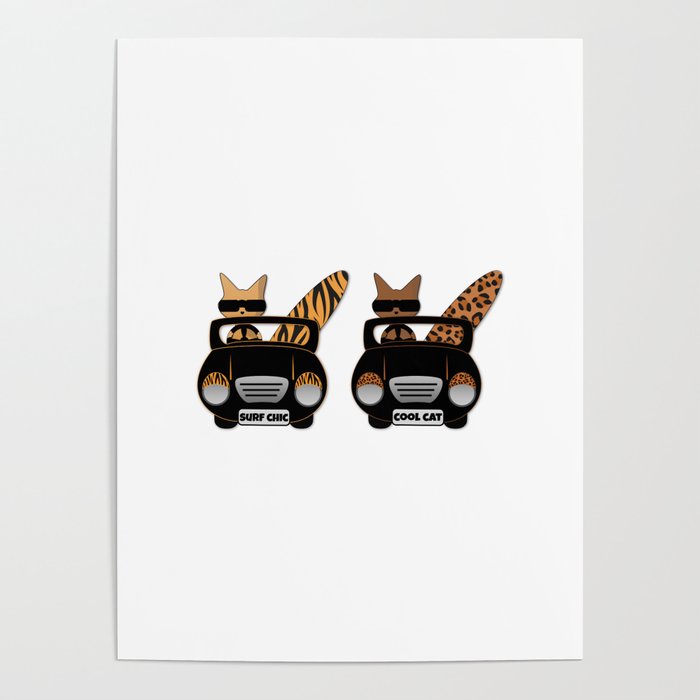 Trendy Wild Cats go Surfing in their Open Top Retro Sports Cars Poster