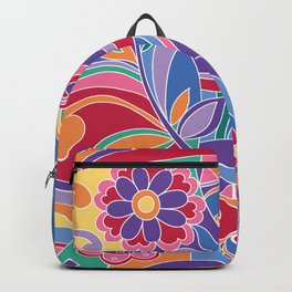 Happy hippy, the 70s free spirit Backpack | Yellow, Pattern, Happy, Vectorimage, Handdrawn, Digital, Hippy, Seamless, Red, Floral 