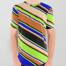 [ Thumbnail: Colorful Light Green, Blue, Tan, Chocolate & Black Colored Lines/Stripes Pattern All Over Graphic Tee ]