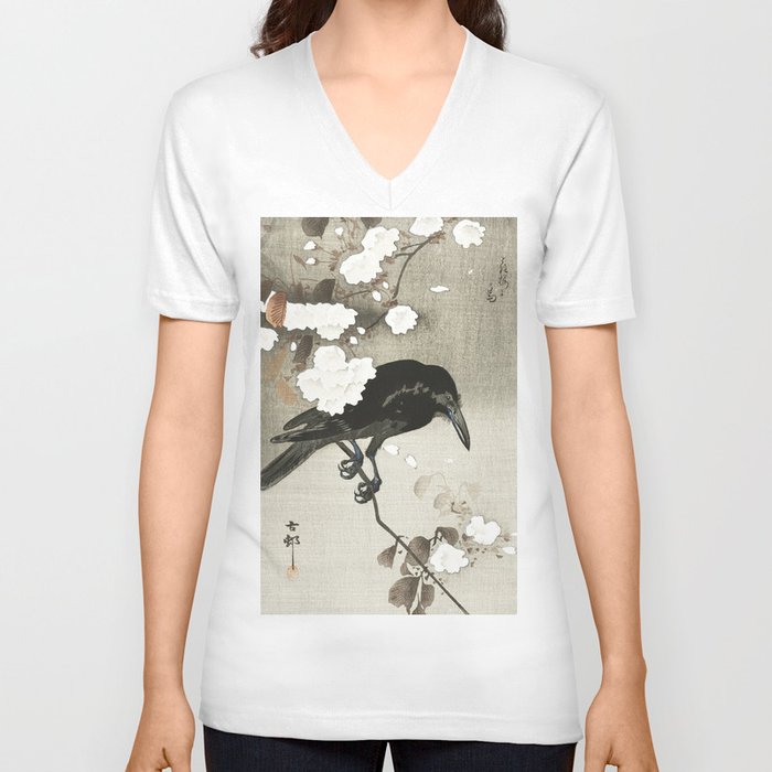 Raven on Cherry tree - Japanese vintage woodblock print V Neck T Shirt