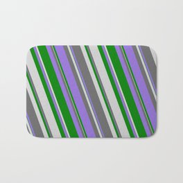 [ Thumbnail: Dim Gray, Purple, Green & Light Grey Colored Lined Pattern Bath Mat ]