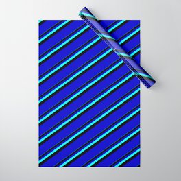 [ Thumbnail: Aqua, Black & Blue Colored Lines/Stripes Pattern Wrapping Paper ]