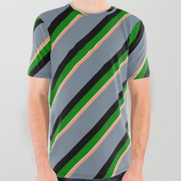 [ Thumbnail: Light Salmon, Light Slate Gray, Black, Green, and Light Cyan Colored Stripes/Lines Pattern All Over Graphic Tee ]