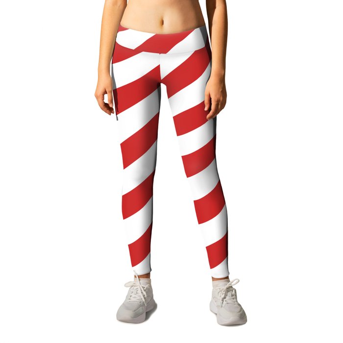 Red and White Candy Cane Stripes, Thick Angled Lines Festive Christmas  Leggings by Pi Photography Landscape Nature Coastal