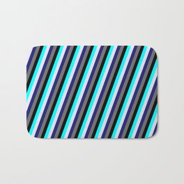 [ Thumbnail: Eyecatching Aqua, Lavender, Midnight Blue, Dim Grey, and Black Colored Striped Pattern Bath Mat ]