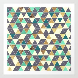 Modern Gray White Teal and Faux Gold Triangles Art Print