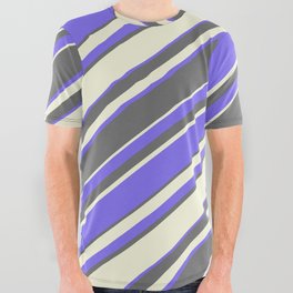 [ Thumbnail: Medium Slate Blue, Dim Gray, and Beige Colored Stripes Pattern All Over Graphic Tee ]