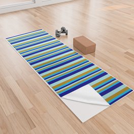[ Thumbnail: Deep Sky Blue, Dark Goldenrod, Turquoise & Dark Blue Colored Striped/Lined Pattern Yoga Towel ]