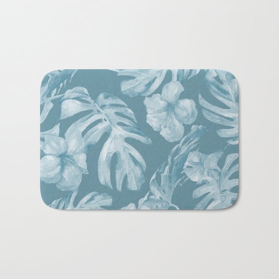 Tropical Escape Teal Blue Leaves + Hibiscus Bath Mat