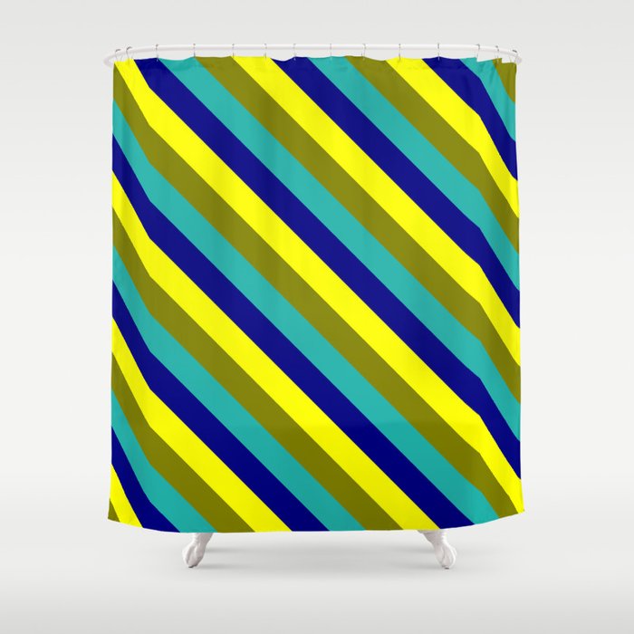 Yellow, Green, Light Sea Green, and Blue Colored Striped Pattern Shower Curtain