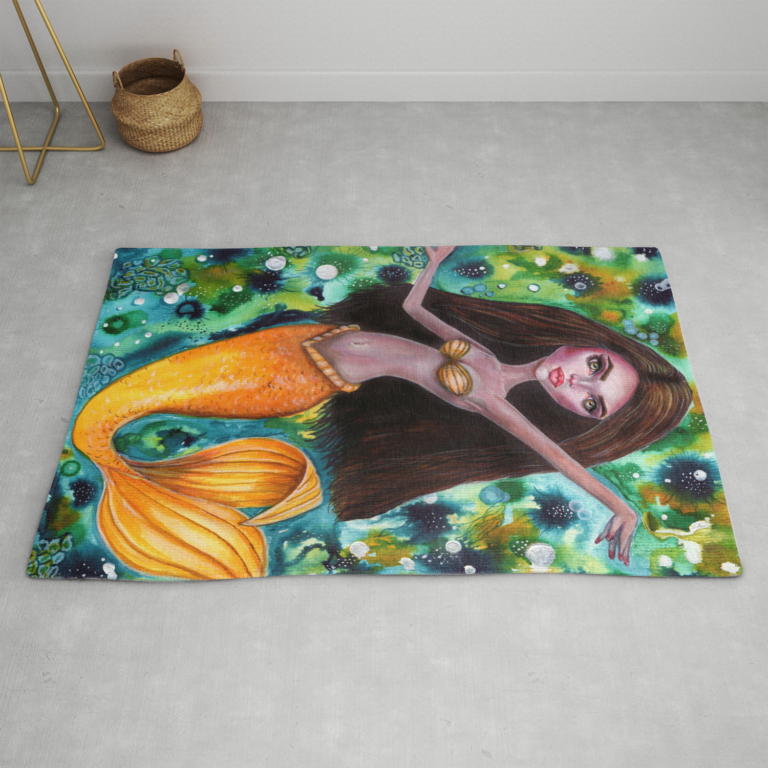 Mi Amoebas Mermaid Abstract Golden Tail Fantasy Art By Laurie Leigh Rug By Laurieleighart
