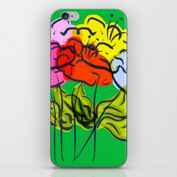 Big Colorful Summer Flowers On Green Retro Modern iPhone Skin
