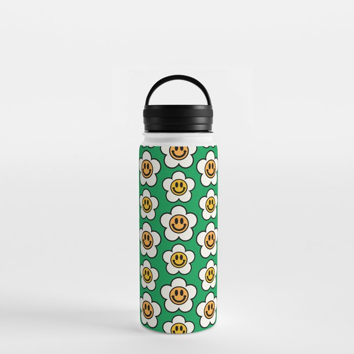 Bold And Funky Flower Smileys Pattern (Green BG) Water Bottle
