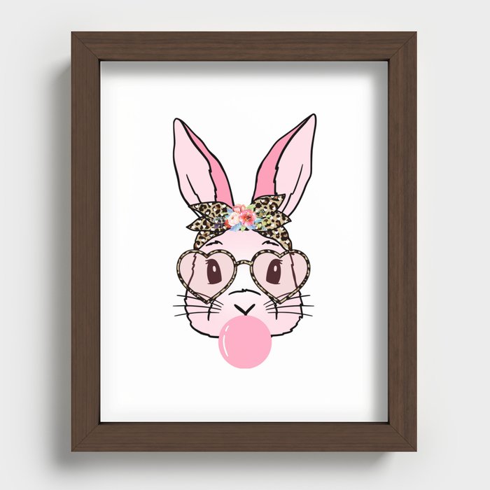 Cute Bunny With Leopard Glasses Bubblegum Easter Day T-Shirt Recessed Framed Print