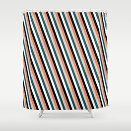 [ Thumbnail: Coral, Powder Blue, Dark Slate Gray, White, and Black Colored Stripes Pattern Shower Curtain ]
