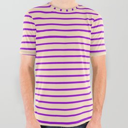 [ Thumbnail: Dark Violet & Bisque Colored Stripes/Lines Pattern All Over Graphic Tee ]