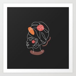 African woman in a line art style with abstract shapes. Dark background. Art Print