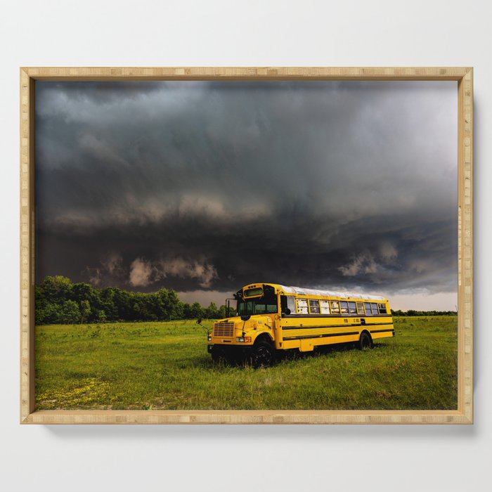 Thunder Bus - Thunderstorm Advances Over Old School Bus on Stormy Spring Day in Oklahoma Serving Tray