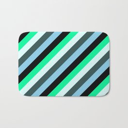 [ Thumbnail: Vibrant Green, Light Cyan, Dark Slate Gray, Sky Blue & Black Colored Pattern of Stripes Bath Mat ]