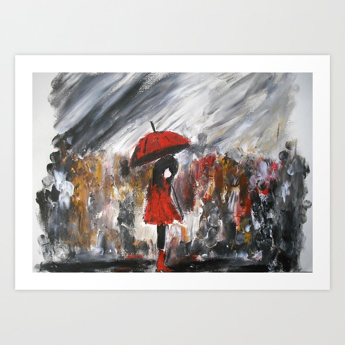 Girl In Red Raincoat Umbrella Rainy Day Fine Art Print Of Acrylic