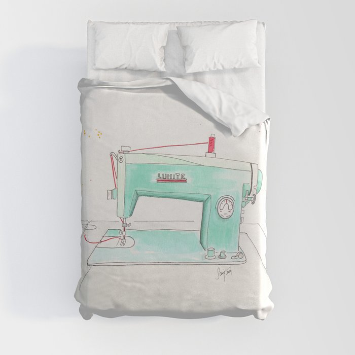 Vintage White 43-8 Sewing Machine in Aqua Duvet Cover